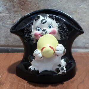 Vintage Ceramic Black White Sitting Puppy Planter Chewing On Yellow Hat Red Band
